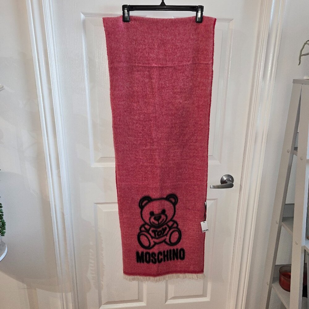 Moschino Teddy Bear-Embroidered Wool Scarf - Pink